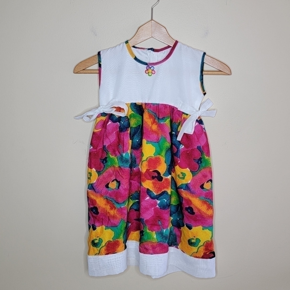 Handmade | Girls White Pink Yellow Colorful Floral Dress Cottagecore Summer